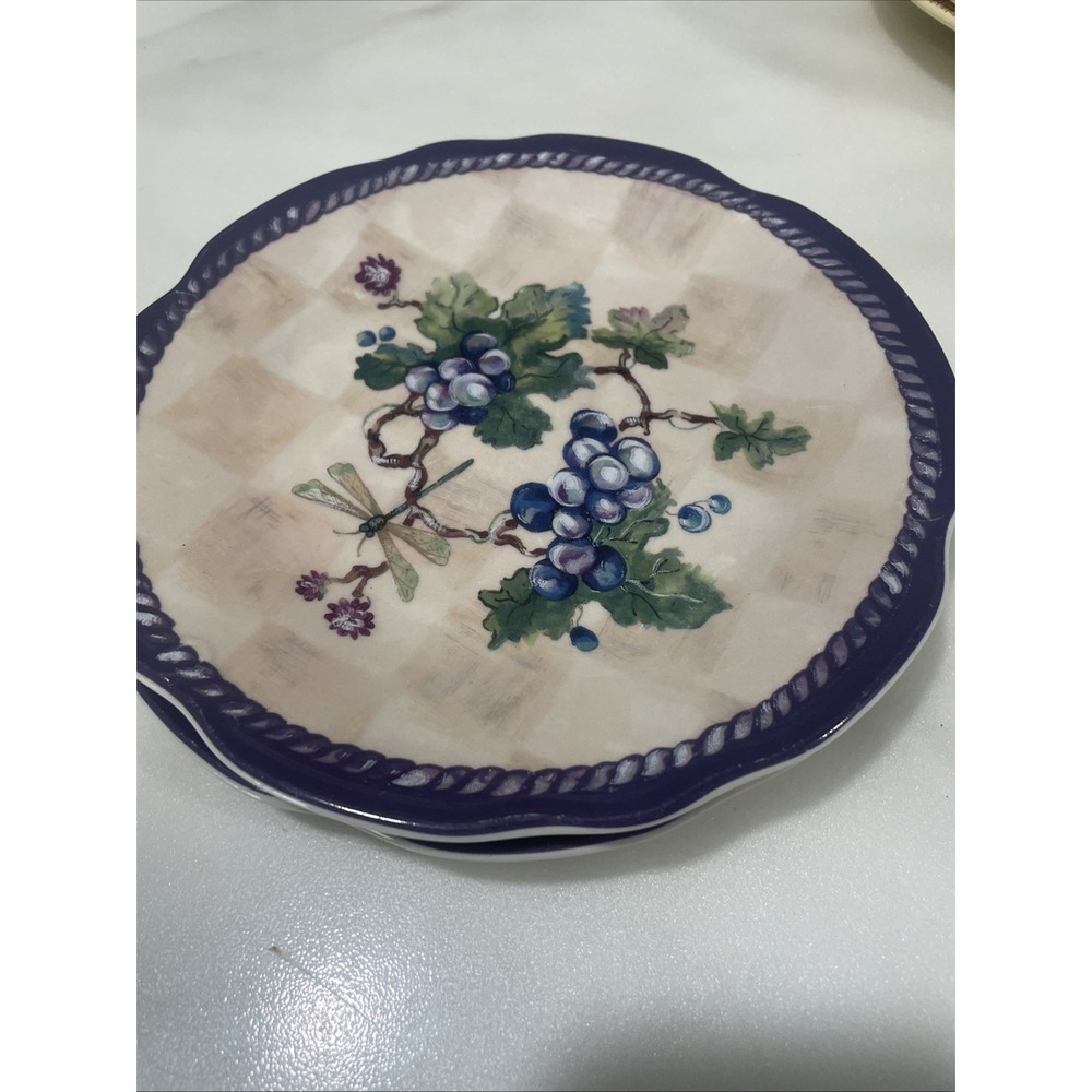 Set of 2 Tracy Porter‎ CLARET COLLECTION Salad Plates Dragonflies Grapes